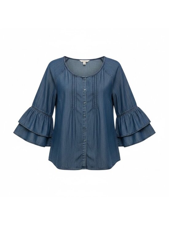 Cato Tops - Denim Peasant Blouse Women's 22/24 Button Front Flared Bell Sleeves Pleated Poet